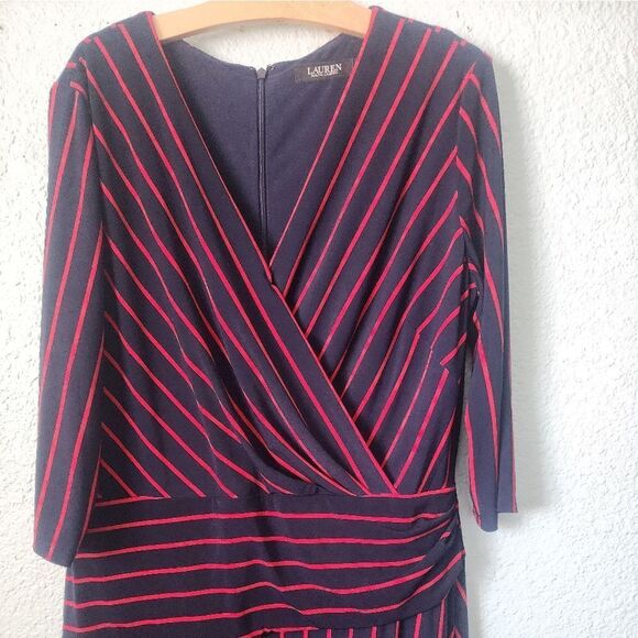 Ralph Lauren Red and Blue Ruched Faux Wrap Dress V-Neck - Picture 2 of 11